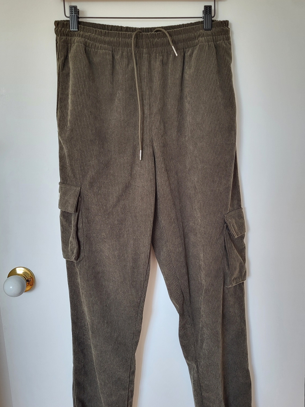 Women's Olive Corduroy Cargo Joggers with Drawstring Waist And Elastic Ankle